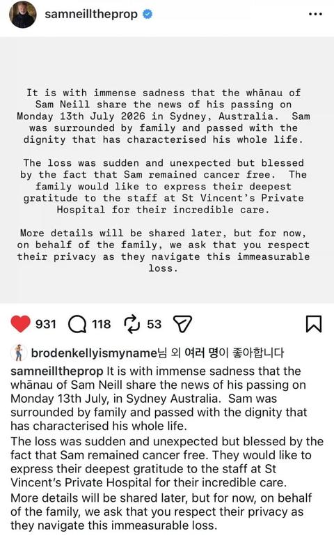 배우 샘닐 혈액암으로 갑작스럽게 오늘 세상을 떠남(32)