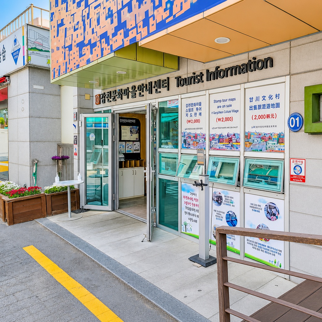 村莊入口處的服務中心與詳細地圖佈告欄