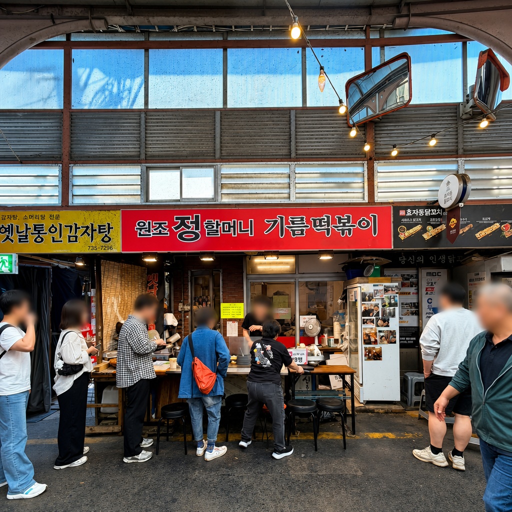 꾸덕한 양념의 떡볶이와 활기 넘치는 통인시장 내부