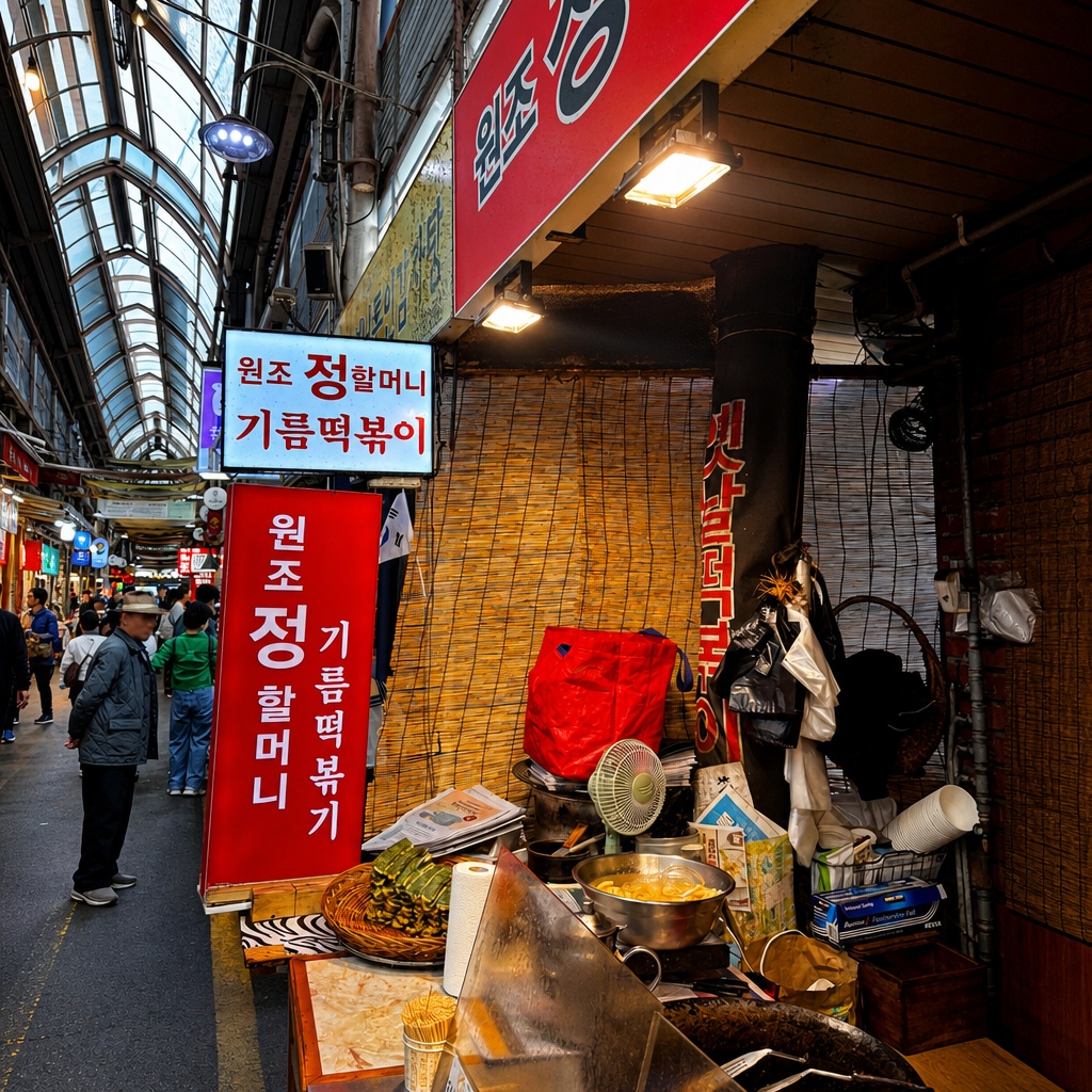 기름떡볶이를 맛보기 위해 줄을 선 사람들과 먹음직스러운 매대