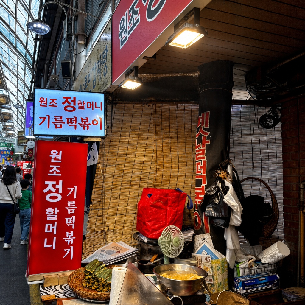 기름떡볶이를 맛보기 위해 줄을 선 사람들과 먹음직스러운 매대