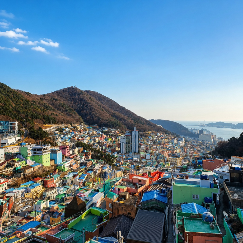 從展望台眺望甘川洞文化村的階梯式全景