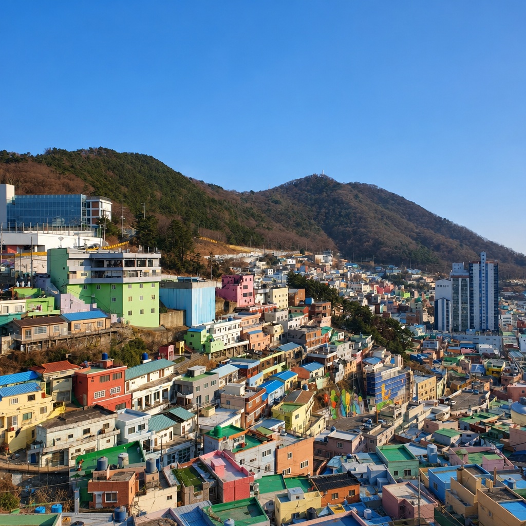 從展望台眺望甘川洞文化村的階梯式全景