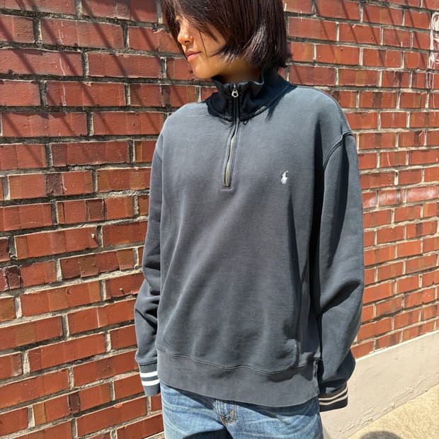 Polo Ralph Lauren 차콜 소매 라인 반집업 스웨트셔츠 L 상품 사진